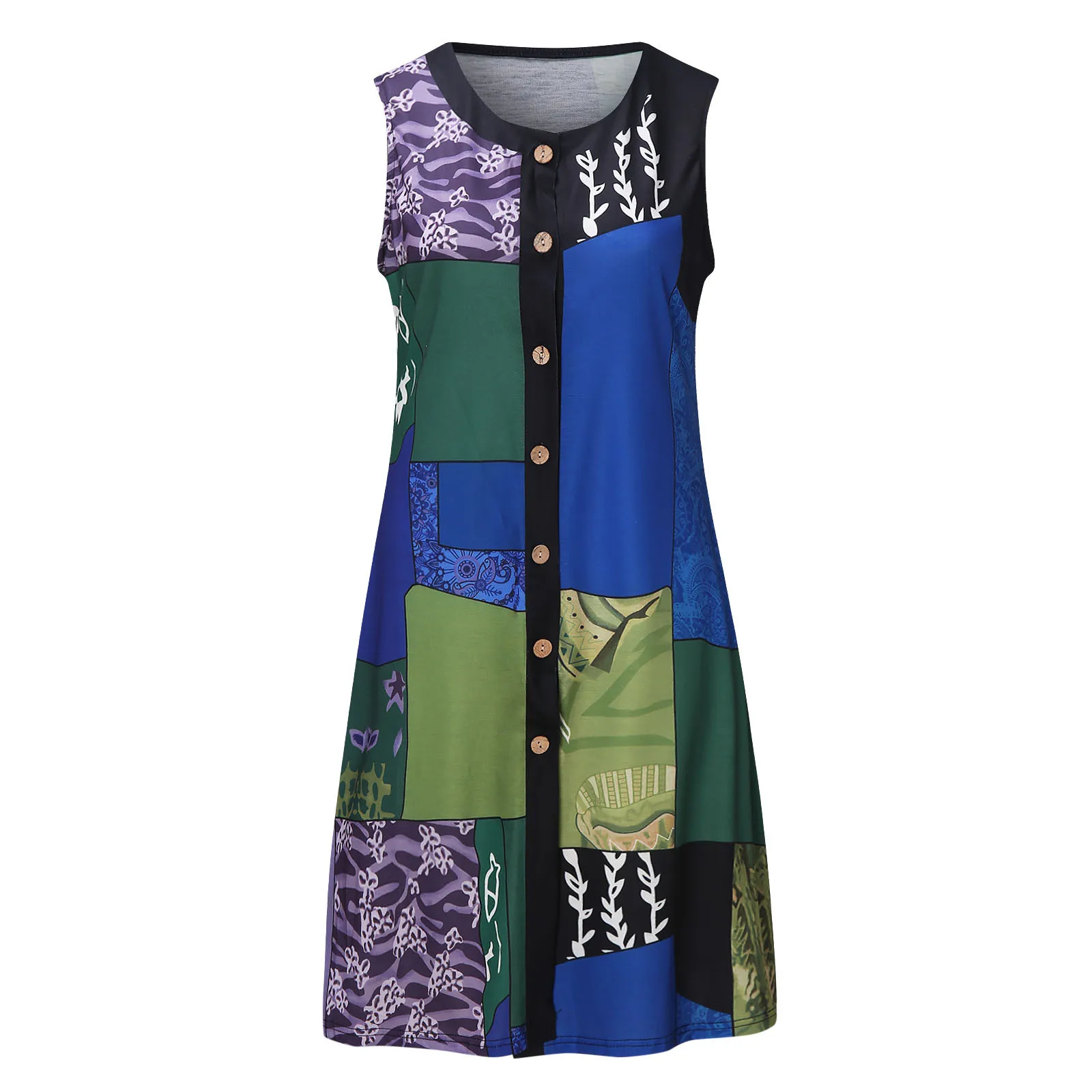 

40# Vintage Stitching Printed Dress Women Sleeveless O-neck Button Tank Dress Holiday Dresses For Women 2021 Vestido De Mujer