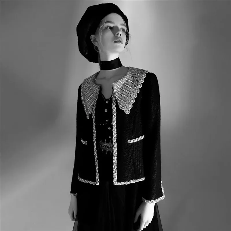 

Autumn and Winter 2021 New Vintage Doll Collar Tweed Coat Women's Long Sleeve Short Top