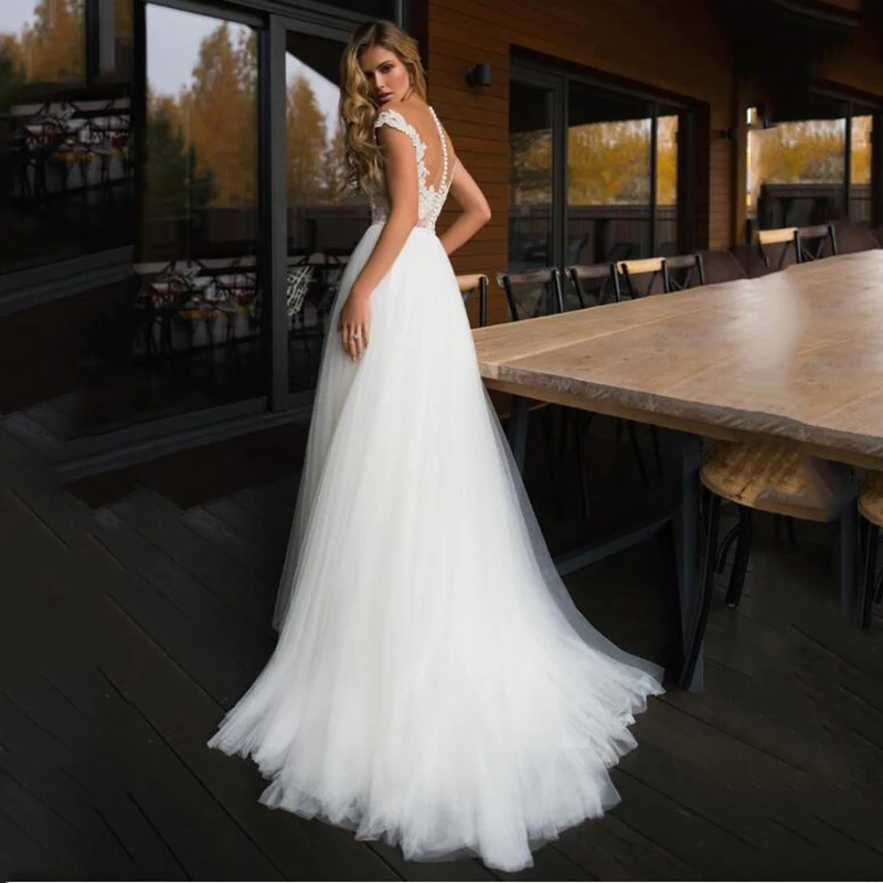

Hi Shy Bride New simple wedding dress backless sleeveless design chiffon lace bride dresses princess dress plus size tailor-made