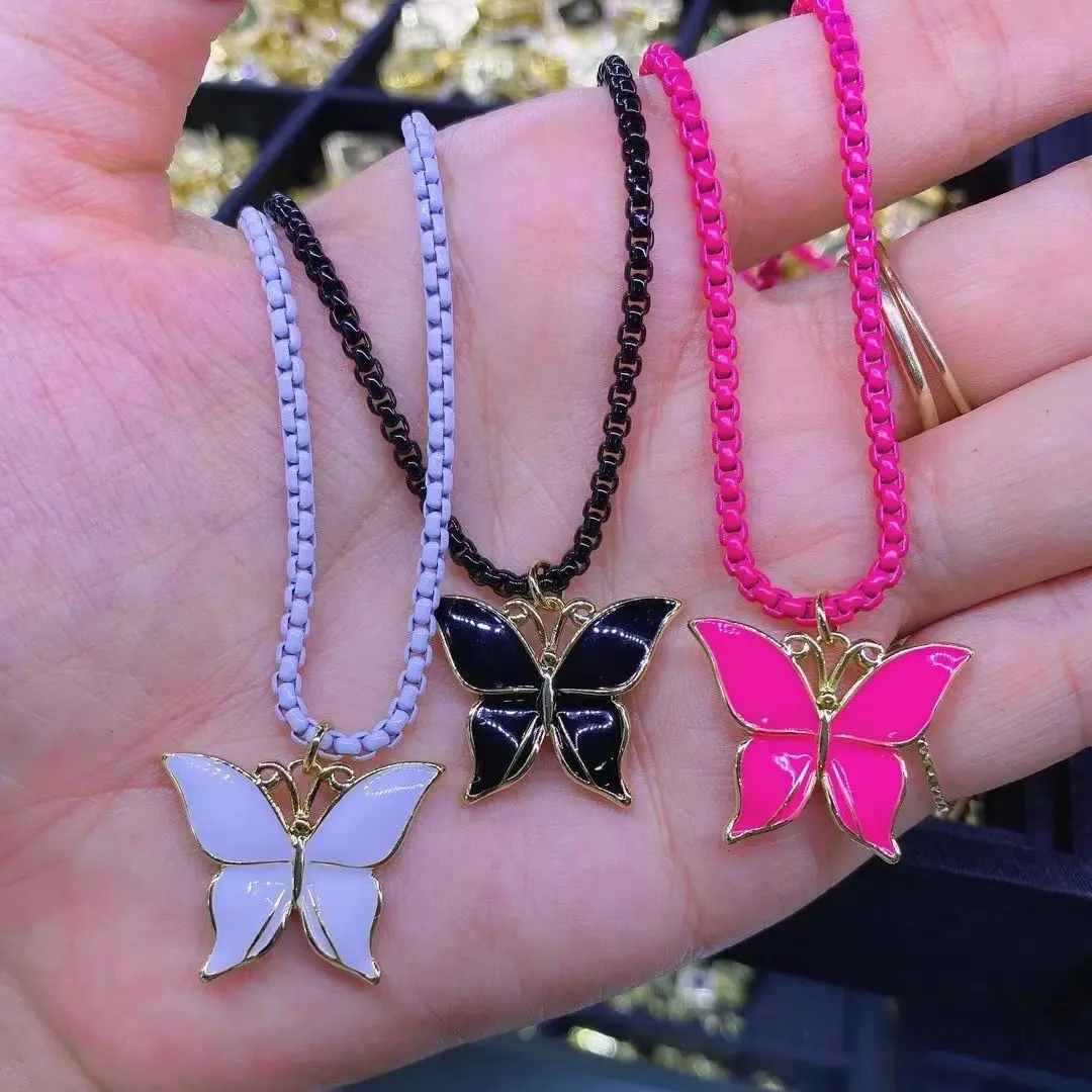 

5PCS, Statement Butterfly Pendant Necklace Chunky Chain for Women Enamel Chain Choker Necklace Jewelry