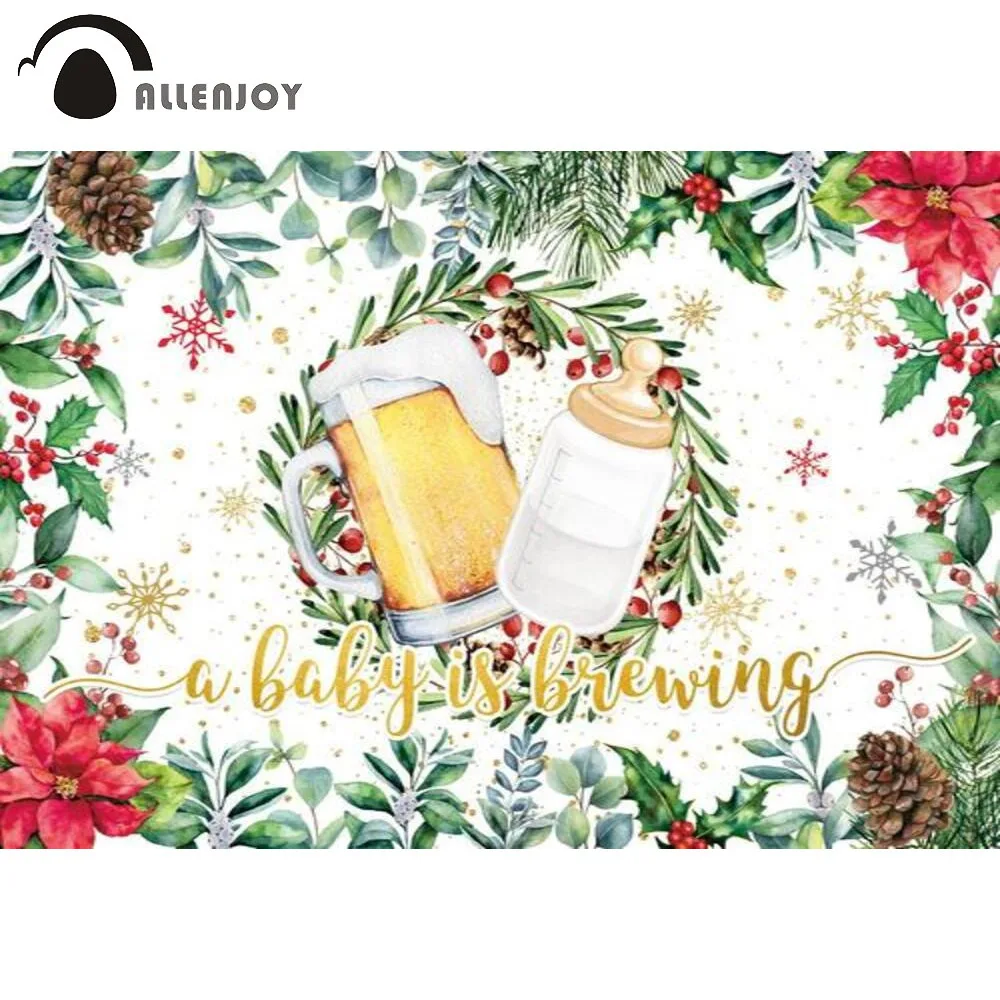 

Allenjoy Baby Shower Wreath Gold Dots Snowflake Background Birthday Party Leaves Feeding Bottle Brew Beer Photocall Backdrop