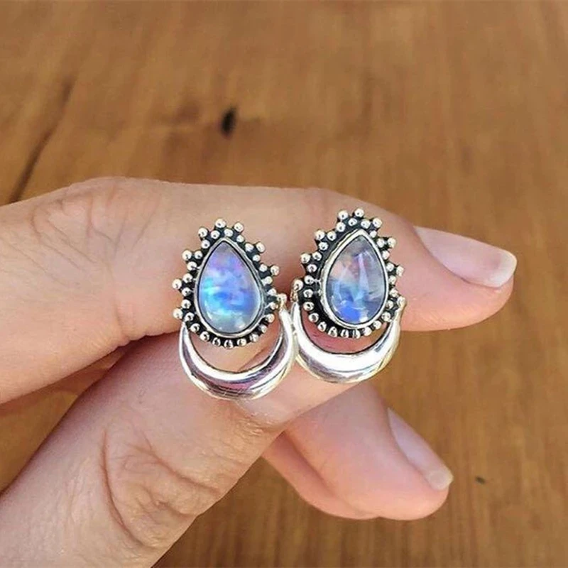 

Vintage Crescent Crystal Earrings Silver Plated Stylish Bohemian Earring Teardrop Stud Earrings for Women Female Boho Jewelry