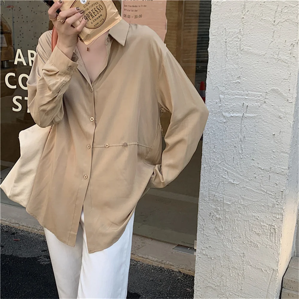 

Harajuku Loose-Fitting Solid Close Waist Shirts Femme Autumn Lady All Match Basewear Hot Sale Slim High Quality OL Tops