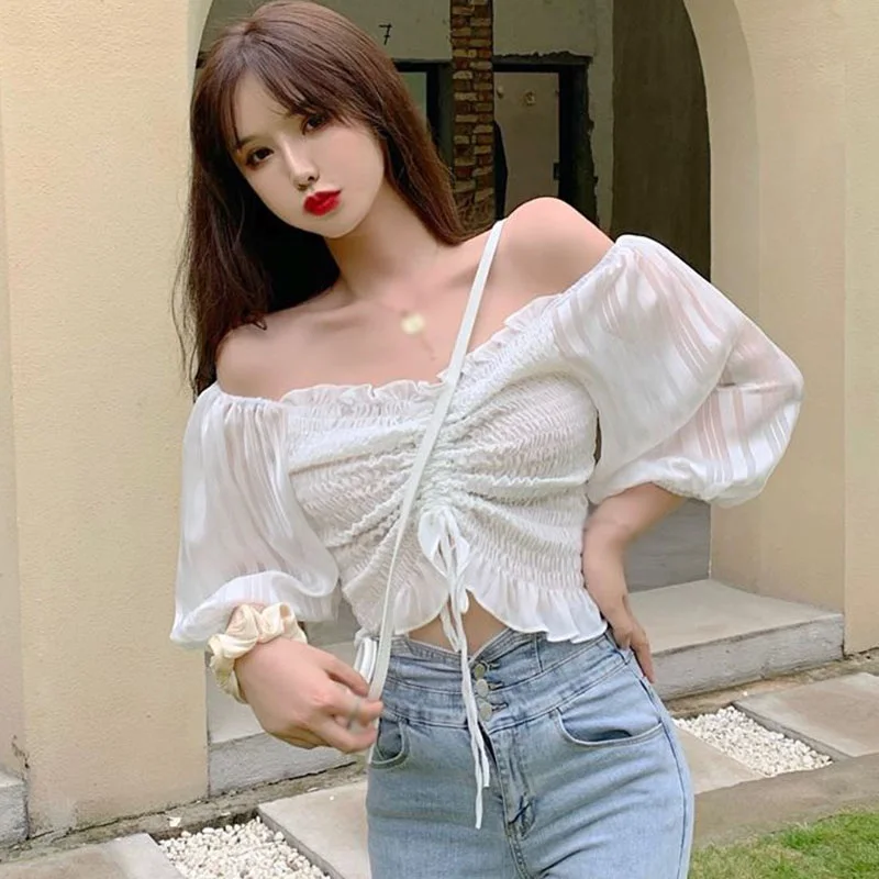 

Liva Girl Retro Blouse Korean Solid Color Shirt Lantern Sleeve Sexy Navel Chiffon White One Size Camisa Top Vetements