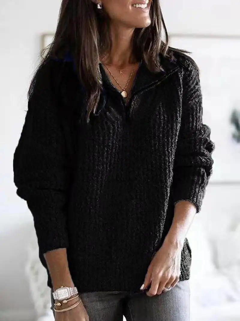 

Mandylandy Autumn Winter Straight Knit Sweater Women's Casual Long Sleeve Solid Color Zipper Turn-down Collar Pullover Sweater