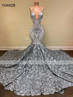 silver long mermaid prom dresses 2022 for black girl sequin 3d flowers halter deep v neck african girl evening party gowns
