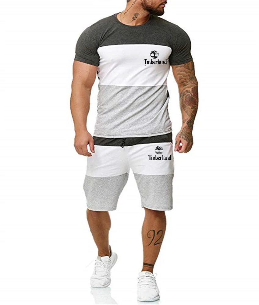 

2021 Summer New Sportswear Men's Splicing T-shirt + Sports Shorts Set high quality tracksuit men T-shirt Sports Running Set
