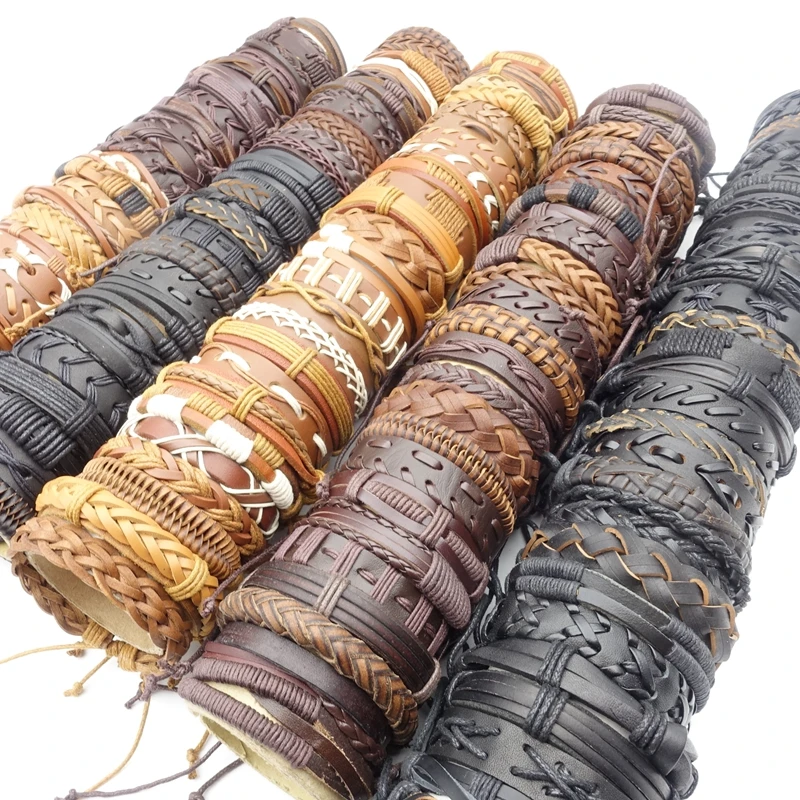 

MIXMAX Wholesale 50PCs Cuff Bracelets For Men Women Mix Styles Handmade Leather Fashion Jewelry Party Gift Resizable Box Packed