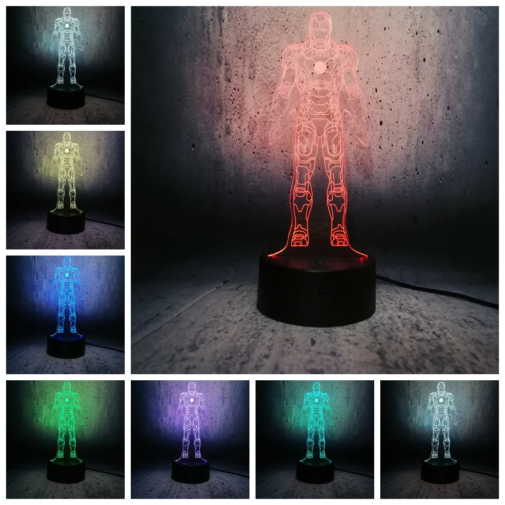 Железный человек 7 цветов USB сенсорный 3D светодиодный Настольный светильник