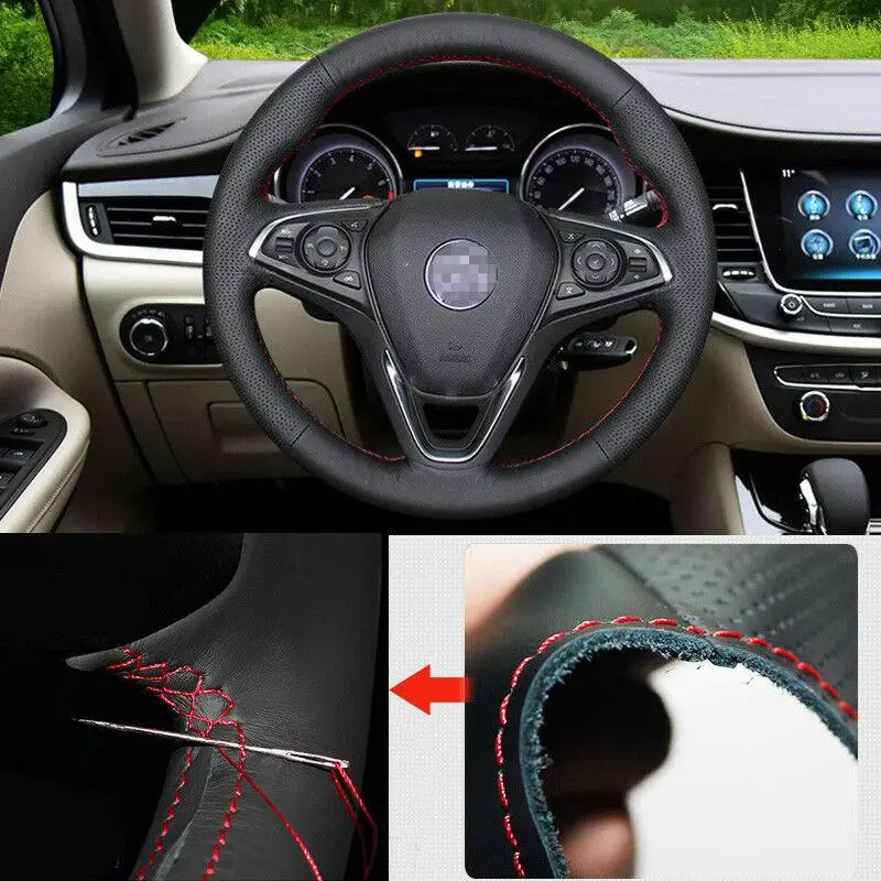 

For Buick Verano Steering Wheel Cover Non-slip DIY Hand Sewing Black Leather