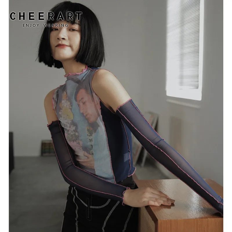Дизайнерский сетчатый топ CHEERART с открытыми плечами Топ длинным рукавом