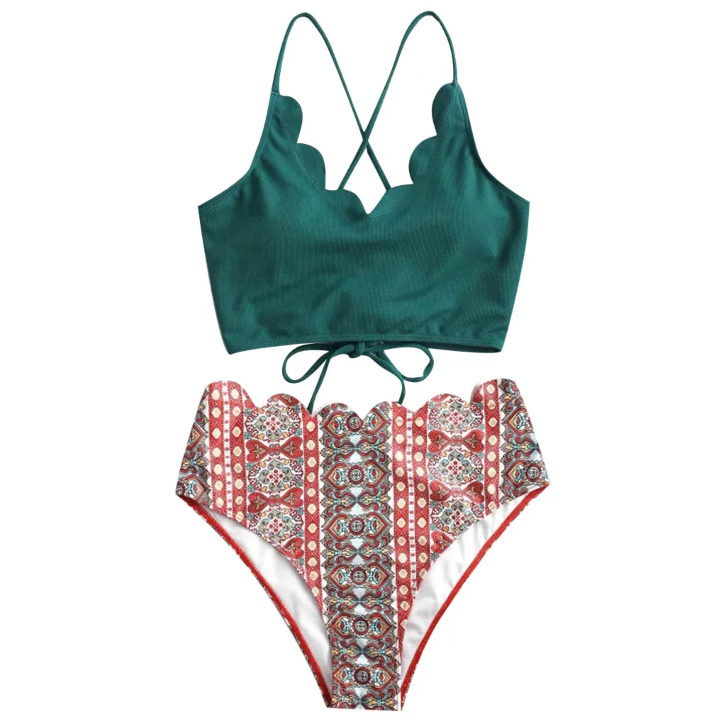 Комплект бикини с лифом бандо и зубчатым топом высокой талией в винтажном стиле