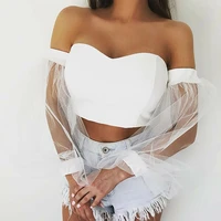 women sexy off shoulder v neck solid crop tops fashion ladies mesh bubble sleeve tops high street