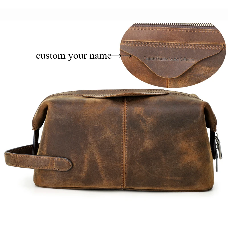 Crazy Horse Leather Cosmetic Bag Travel Toiletry Wash Kit Storage Hand Bag clutch Pouch for Men Handbag Retro Makeup Case bolsos