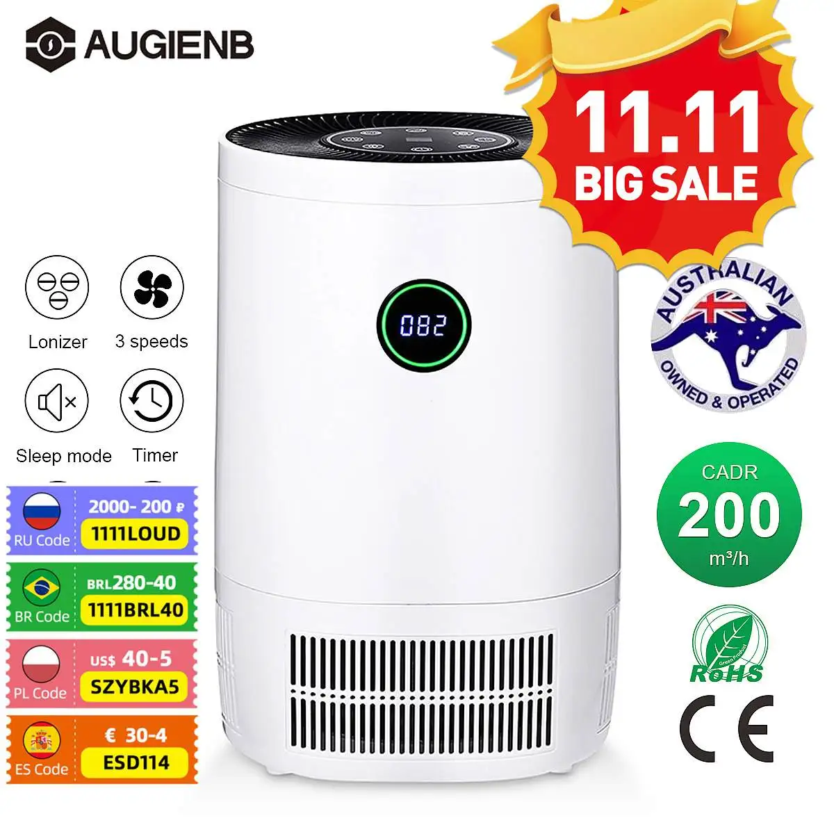

AUGIENB Air Purifier For Home True HEPA Filters Large Desktop Purifiers Filtration Air Cleaner Odor Eliminato Sterilization