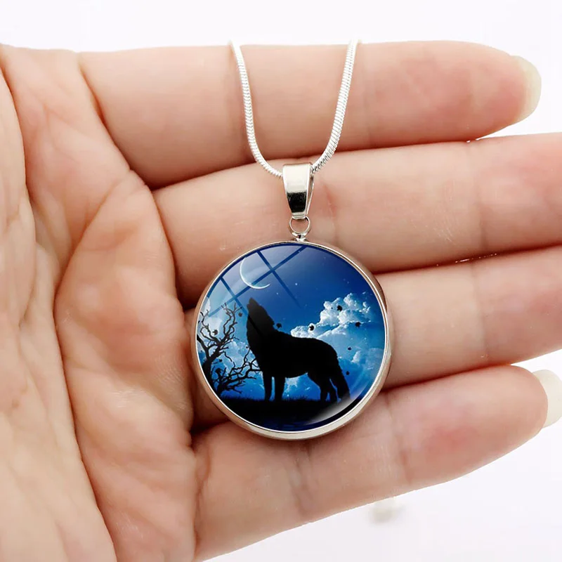 Ожерелье с изображением волка и Луны стеклянный кабошон кулон из нержавеющей