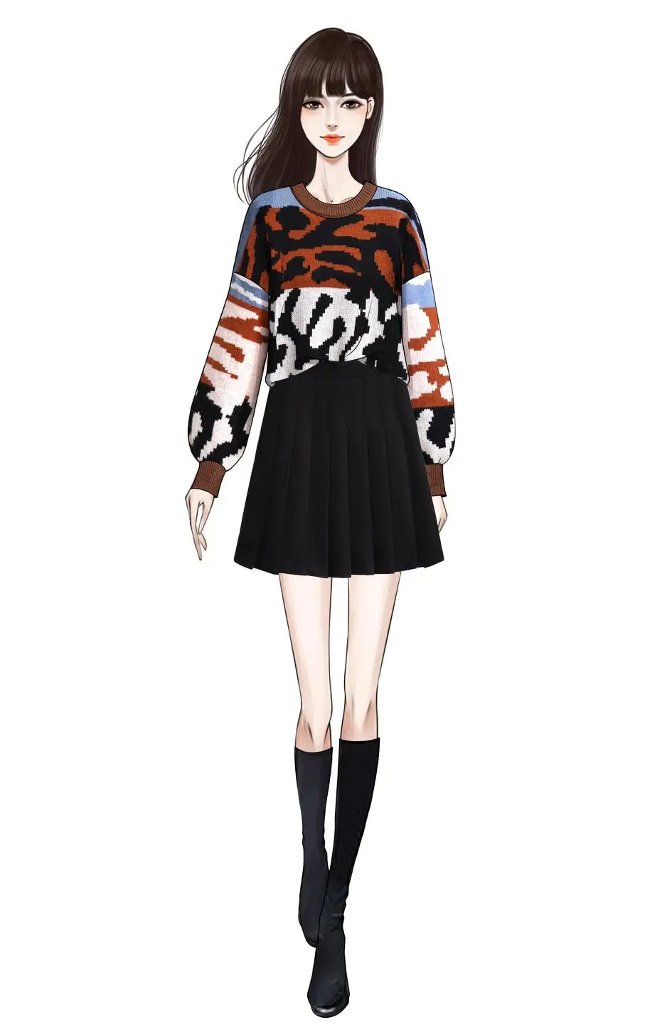 

Autumn Winter Women Knitwear Top Pullover Female Leopard Sweater Loose Turtleneck Tweed Cloth Pleated Skirt Two-Piece Outfit