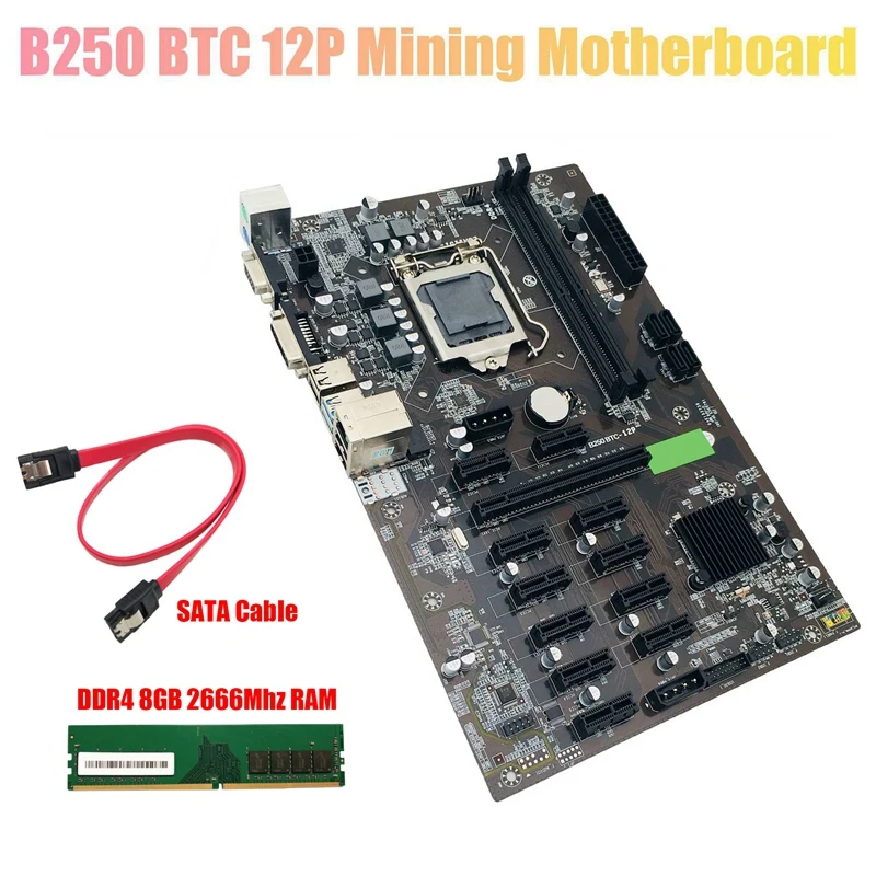 

Материнская плата для майнинга B250 BTC с DDR4 8 Гб 2666 МГц ОЗУ + кабель SATA LGA 1151 DDR4 12 Слот для графической карты для майнинга BTC