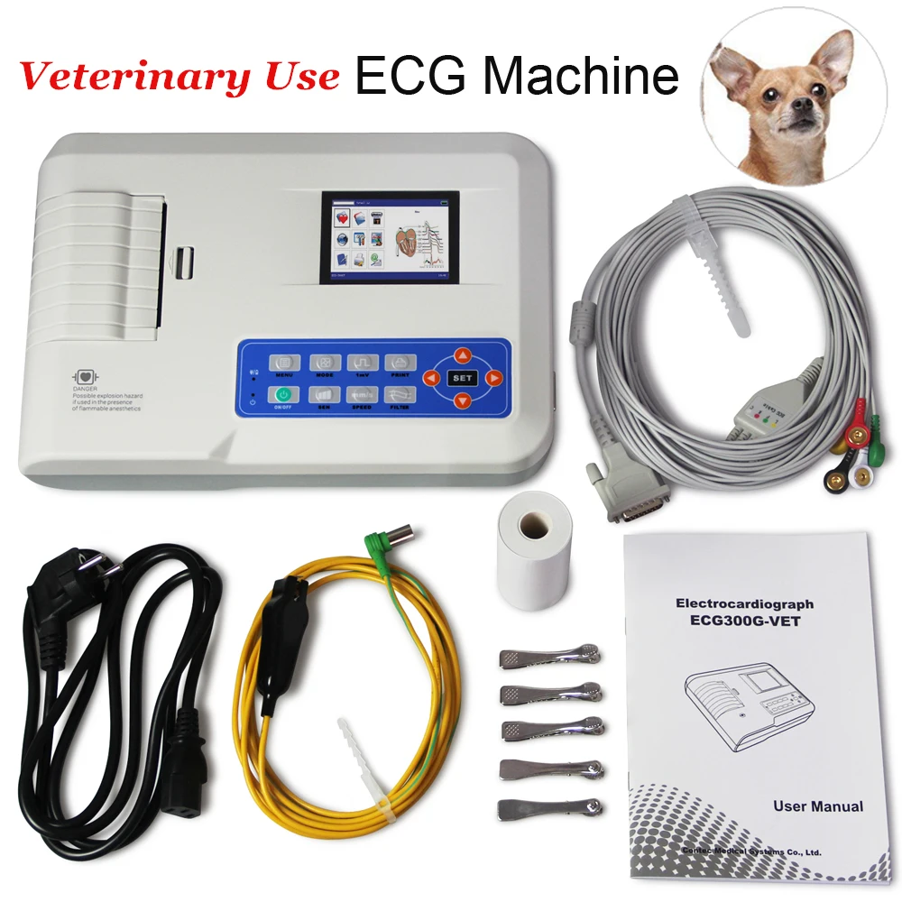ECG300G-VET 4.3" Veterinary Digital Electrocardiograph 3 channel 12 leads ECG Machine Animals EKG Monitor with Printer - купить по