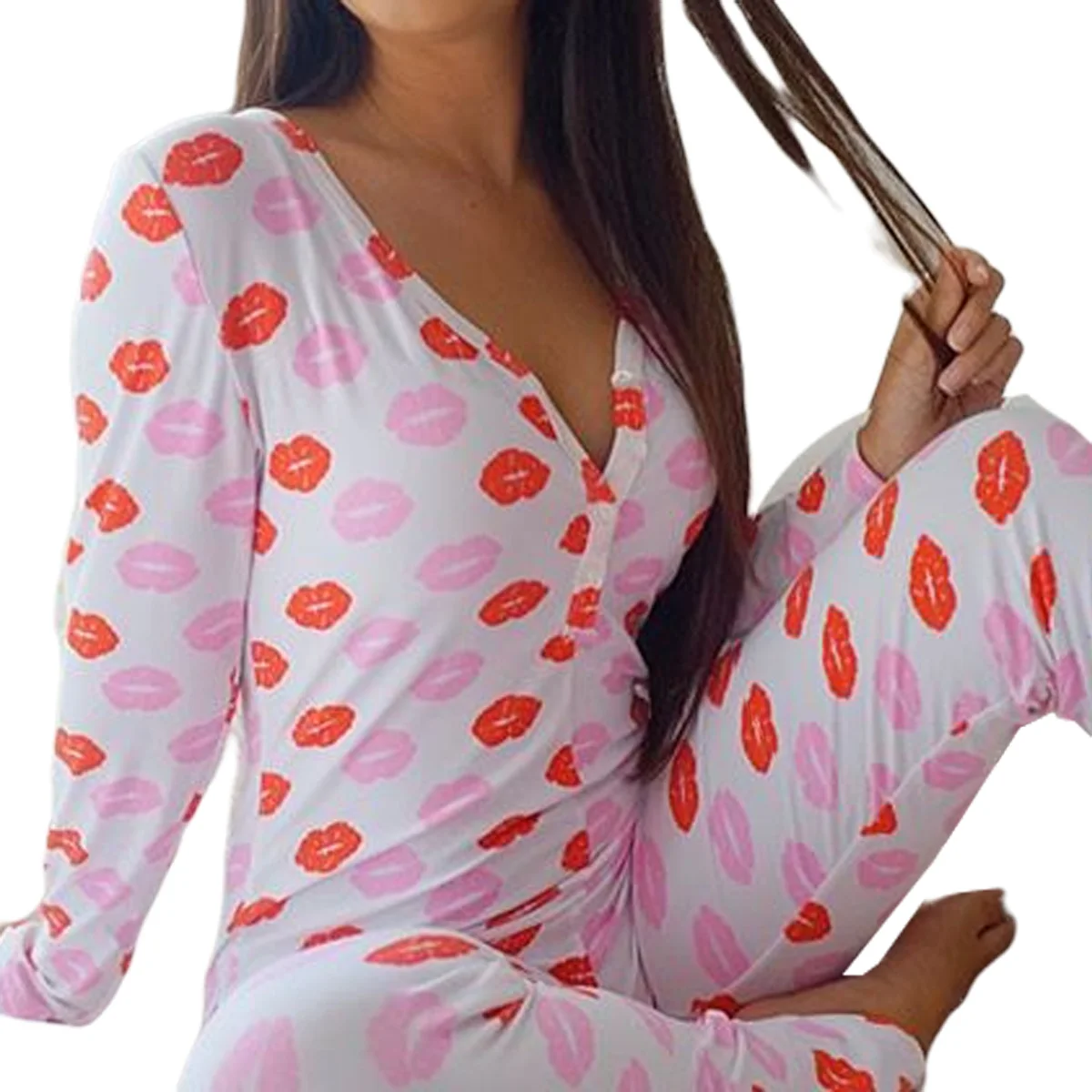 

Fashion Casual Women Autumn Sleepwear One Piece Pajama Cute Cartoon Printed Long Sleeve Deep V Neck Long Jumpsuit Sexy Nightwear