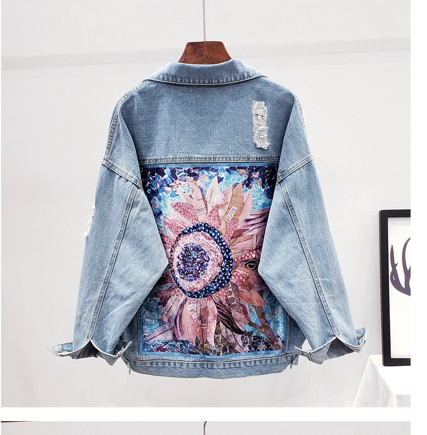 

Куртка женская джинсовая с принтом, Повседневная Свободная ковбойская одежда, уличная Стильная верхняя одежда из денима, пальто с алмазами ...
