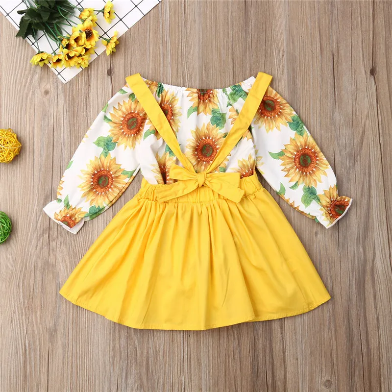 0-3 Years Baby Girls Clothes Set Sunflower Print Rompers White Yellow Sleeveless Strap Dress Suit Infant Outfits | Мать и ребенок