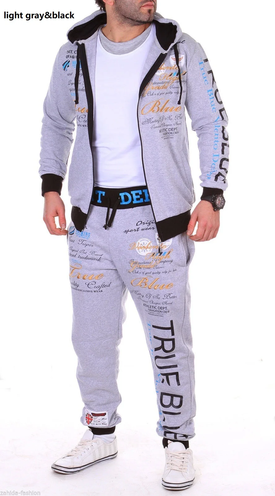 light gray blak ZOGAA мужской спортивный костюм комплекты дорожек толстовки+ штаны спортивный костюм комплект из 2 предметов спортивная одежда спортивные мужские толстовки комплект мужской - Цвет: light gray blak