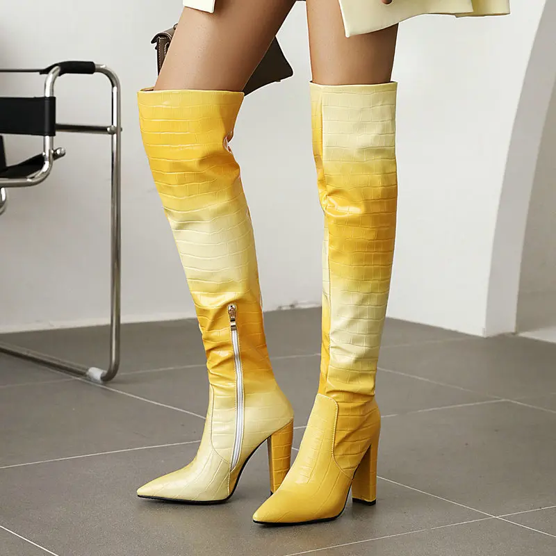 

Yellow Pink Blue Winter Women Knee High Boots Fashion Zipper Multicolor Over The Knee Boots Ladies Thick High Heel Long Boots