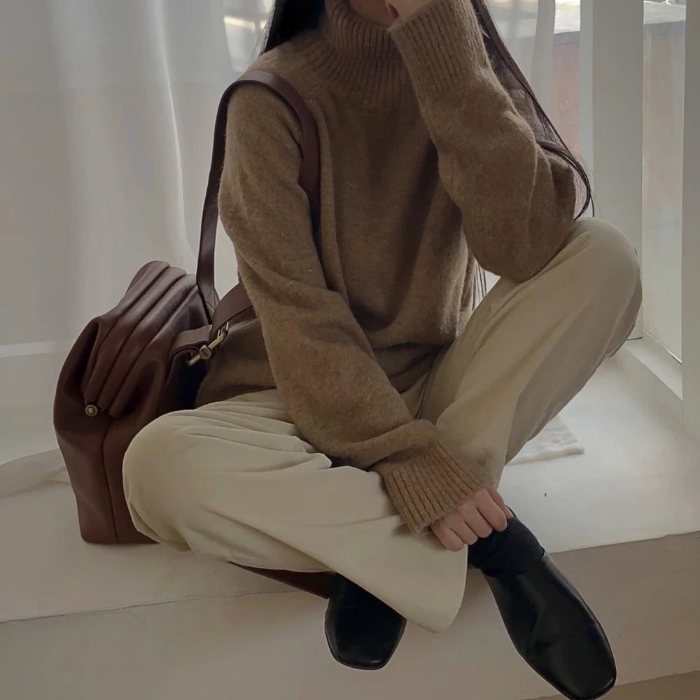 2019 Ins Winter New Arrival Women's Pullovers Solid Sweater Fashion Turtleneck Full Sleeve Loose Casual Knitted C90308K | Женская