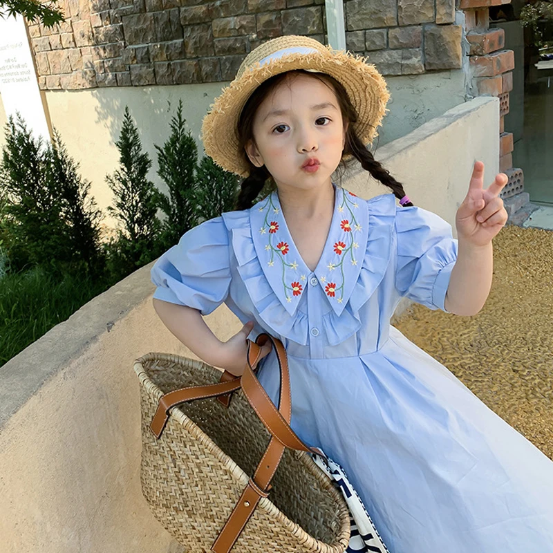 

Girls Casual Dress Elegant Flowers Embroidery Princess Vestidos For Girl Short Sleeve Children Holiday Clothing 3-7T