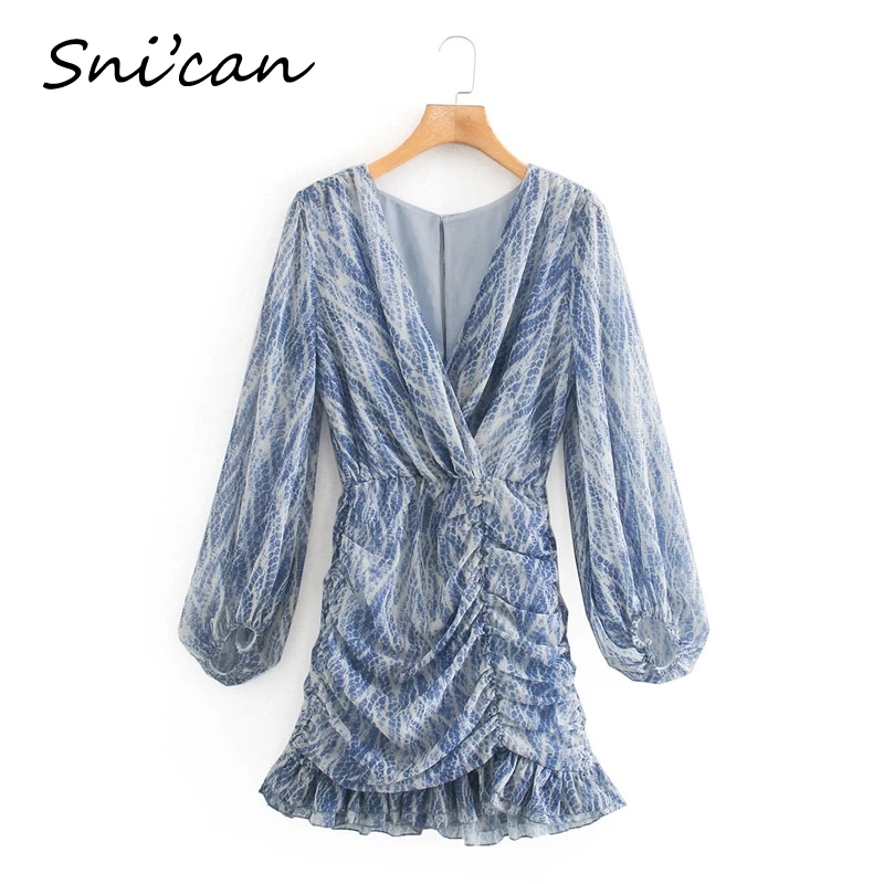 Женское платье с оборками и принтом змеиной кожи сексуальное v-образным вырезом