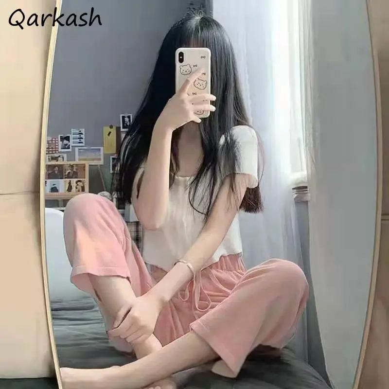 

Women Sets Summer Pure Color Crop Top Single Breasted Elastic Waist Pants Simple Students Leisure Hot Sale Popular Ladies Daily