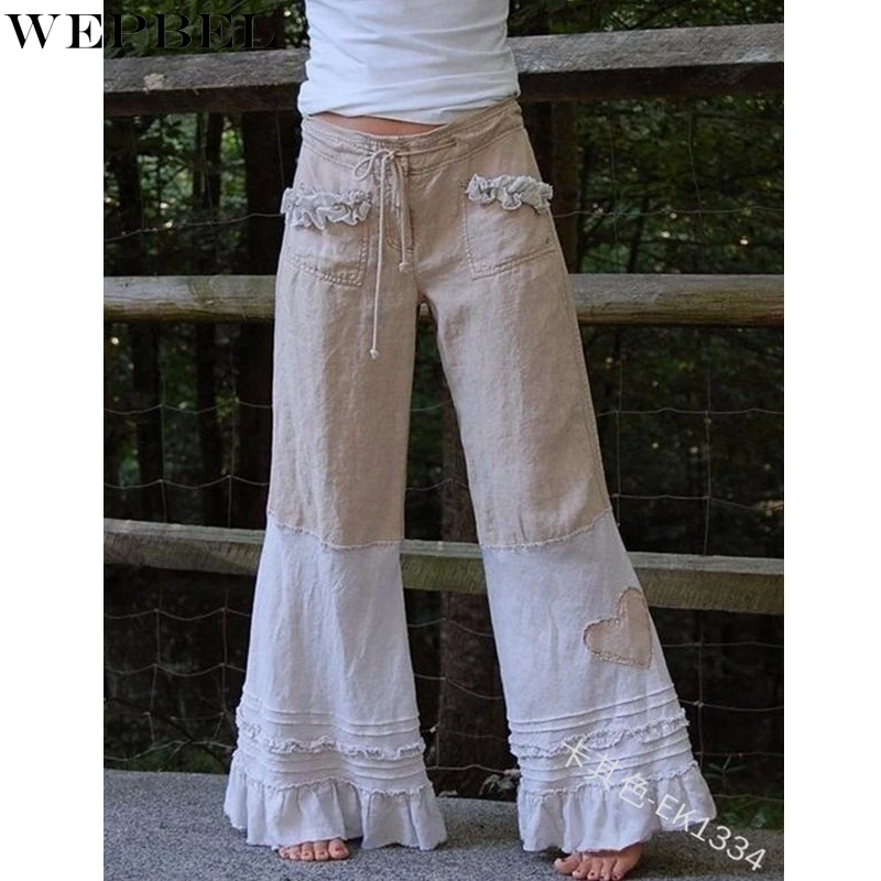 

WEPBEL Pants Women's Fashion Mid Waist Stitching Tied Lace Pants Spring and Autumn Casual Loose Wide Leg Pants