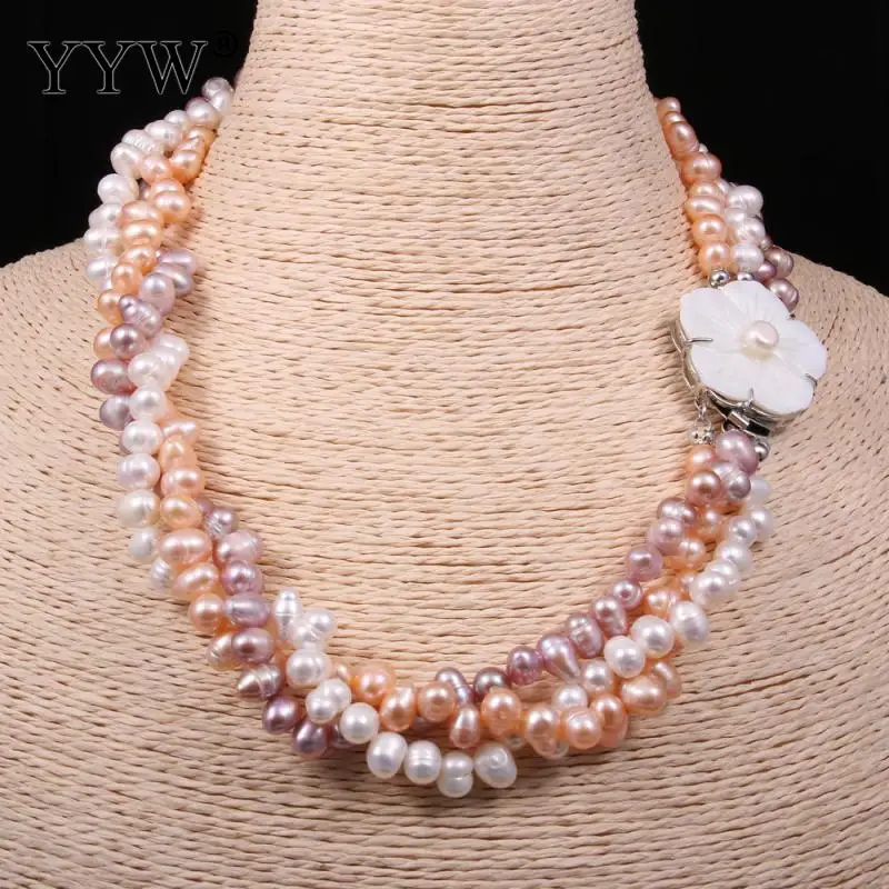 

Ожерелье из натурального пресноводного жемчуга, круглое полированное трехслойное женское ожерелье 6-7 мм с застежкой из ракушек и цветов, ож...