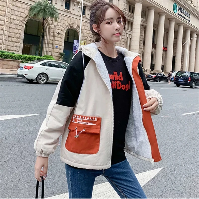 

Autumn and winter new Korean version of loose thick imitation lamb velvet jacket women's hooded overalls cotton-padded clothes
