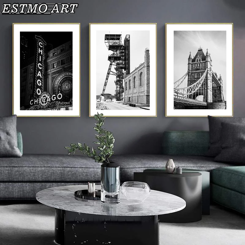 

Chicago New York London City Black and White Poster Canvas Prints Street Scenery Photography Canvas Painting Picture Room Decor