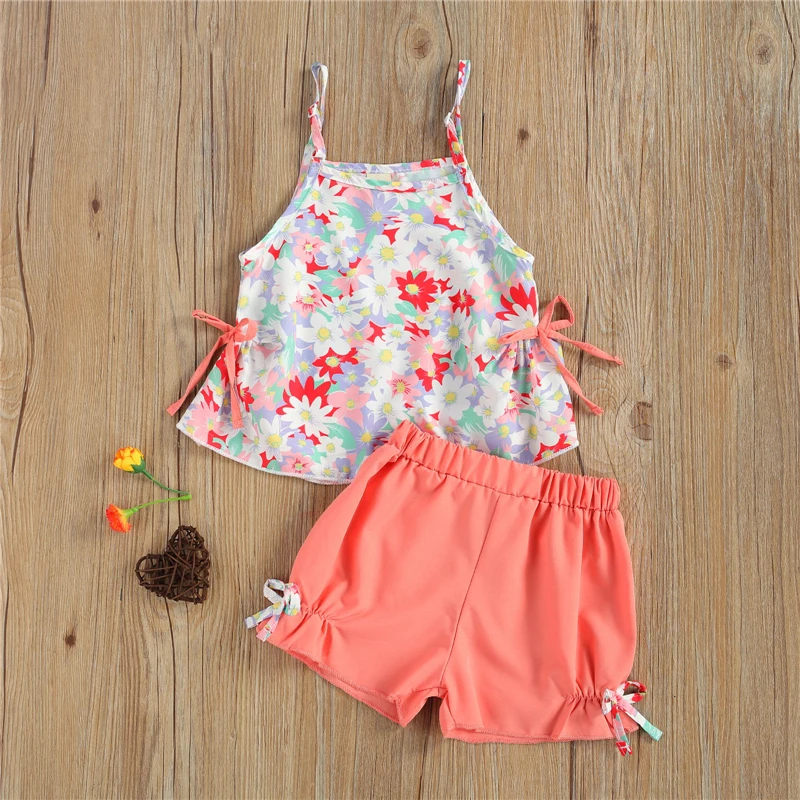 Летний комплект одежды для девочек топ на бретельках без рукавов с цветочным