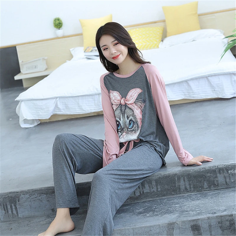 

Pajamas Suit Modal Color Matching Raglan Robe Loose Cartoon Cat Sleepwear Xl Fat Casual Gray Home Service Pijamas Women