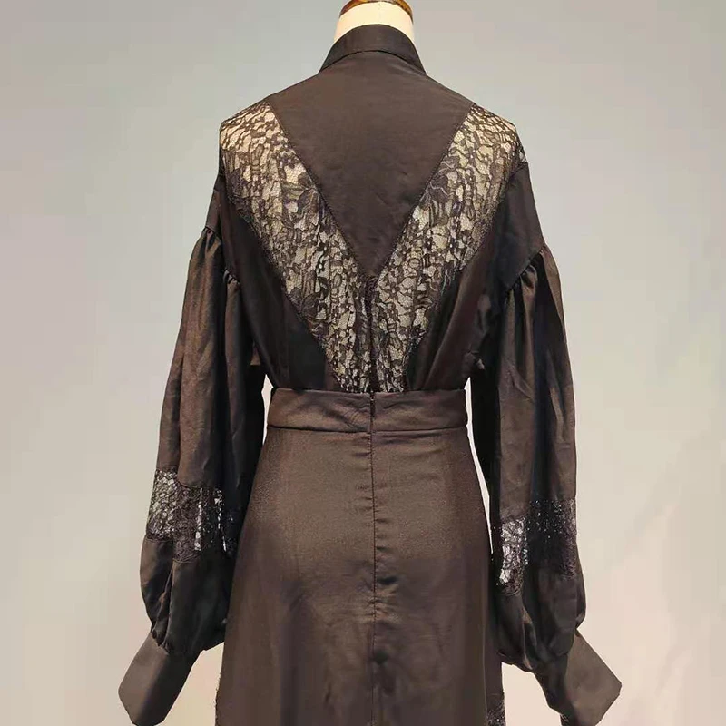 

TWOTWINSTYLE Casual Two Piece Set For Women Stand Collar Long Sleeve Patchwork Lace Shirt Irregular Hem Skirt Female Sets 2020