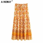 Женская юбка в стиле бохо, желтая пляжная юбка макси из вискозы и хлопка, с цветочным принтом