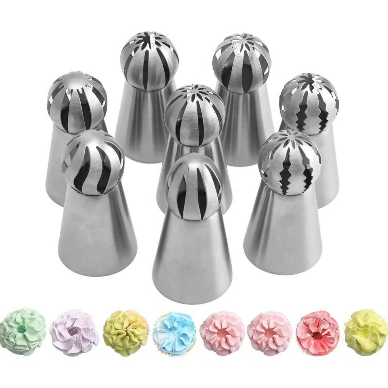 

8Pcs Russian Piping Flower Nozzle Stainless Steel Spherical Torch Decorating Mouth Cupcake Tool Baking Set DH