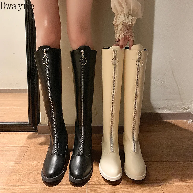 2019 autumn winter new long boots women European American fashion front zipper handsome knight thick with knee-High | Обувь