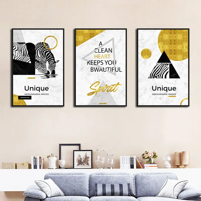 

Modern Geometric Graphics Canvas Painting Simple Golden Text Poster Zebra Animal Posters and Prints Wall Picture Living Room