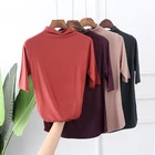 Базовая эластичная женская футболка, базовая облегающая футболка из 2021 хлопка с высоким воротником и рукавом до локтя