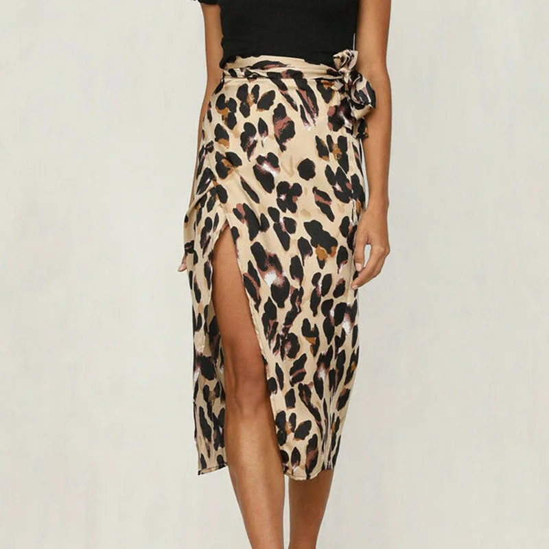 Женская миди юбка лето элегантная Высокая талия леопардовый принт бандажные