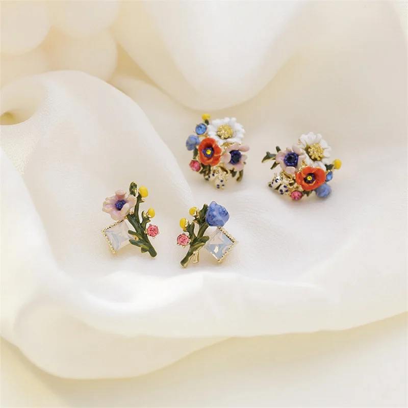 

Alloy Multi Enamel Flower Earring Vintage Gold Color Earrings Small Stud Jewelry