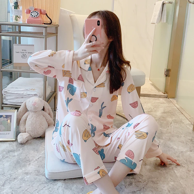 Пижамы для женщин с длинным рукавом в клетку в Корейском стиле розовый Kawaii пижамный комплект размера плюс женская домашняя одежда мягкая с отложным воротником - Цвет: 7