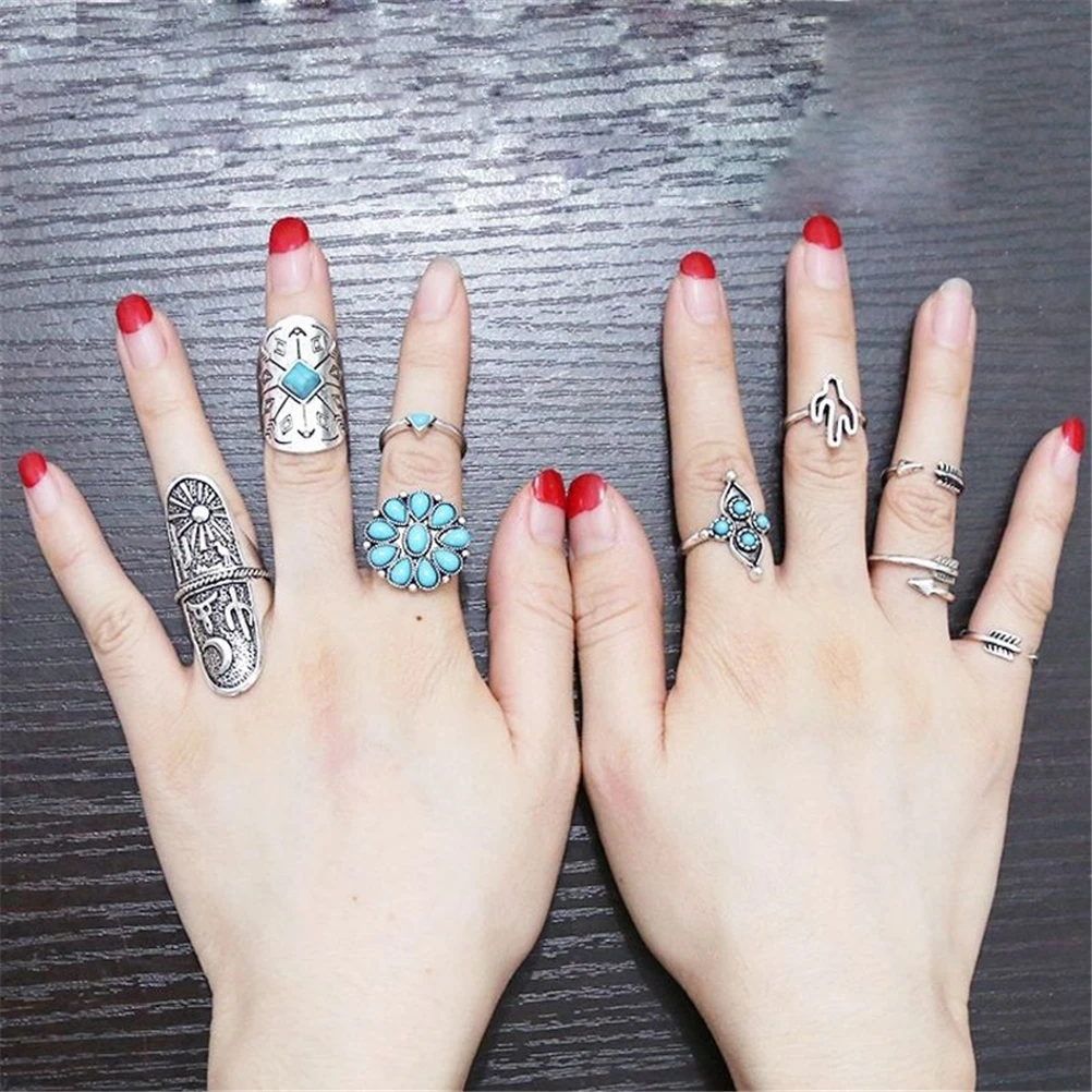 9 шт./компл. богемский винтажный комплект панк колец античный лист армированный