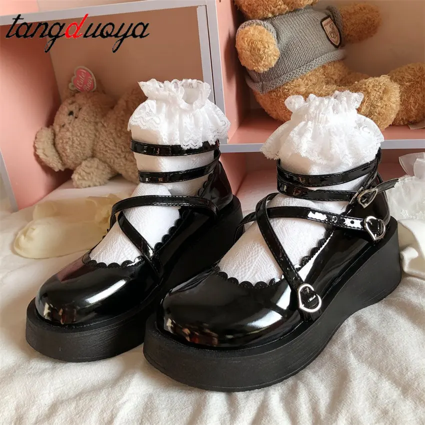 

Japanese Lolita Shoes Star Buckle Strap Mary Janes Women Cross-tied Platform Shoe Patent Leather Girls Rivet Casual Shoes