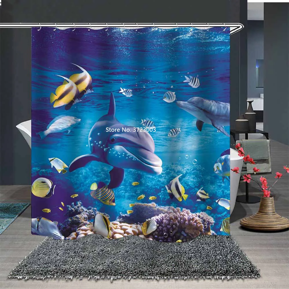 

Marine Animal Dolphin Digital Printing Shower Curtain for Home Decor Waterproof Polyester Fabric Non-perforated Shower Curtain